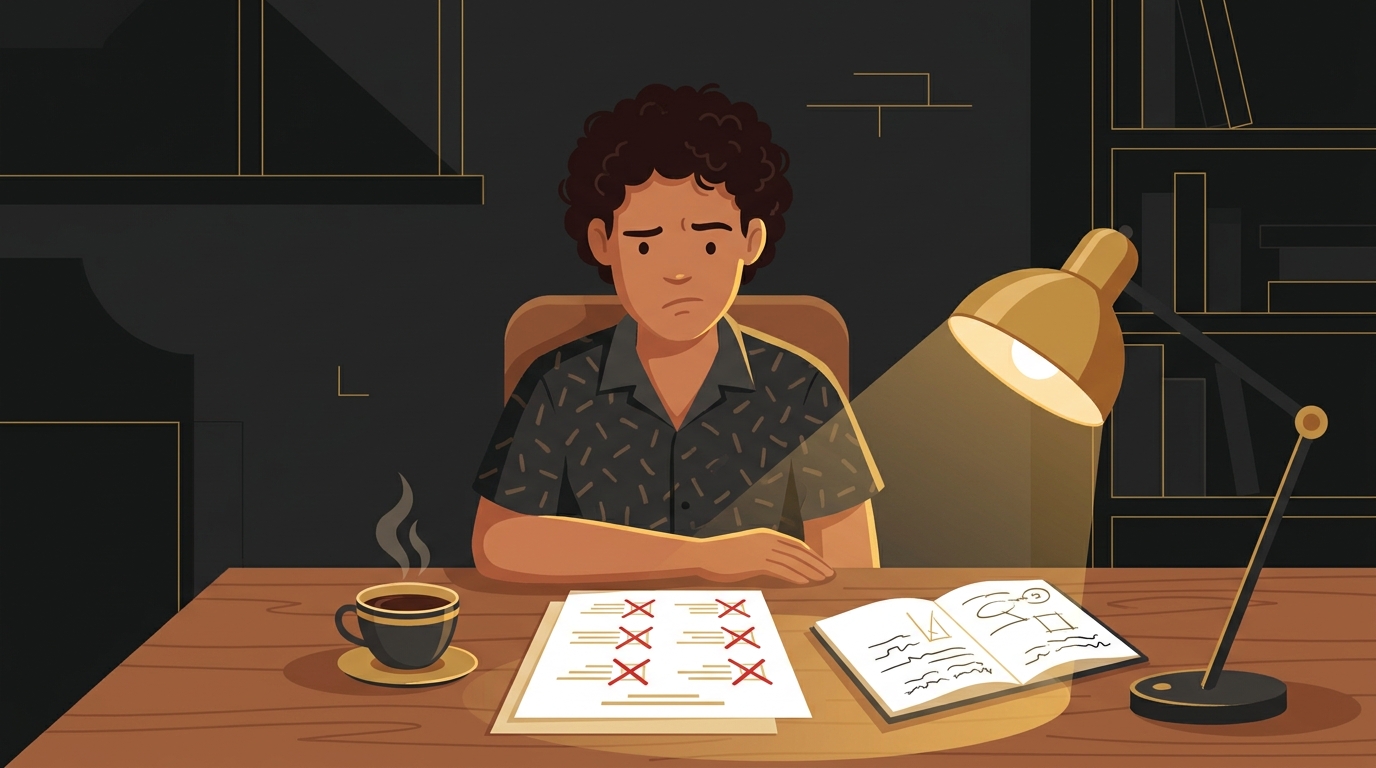 Estudante brasileiro olhando com preocupação para uma prova com respostas marcadas em vermelho.