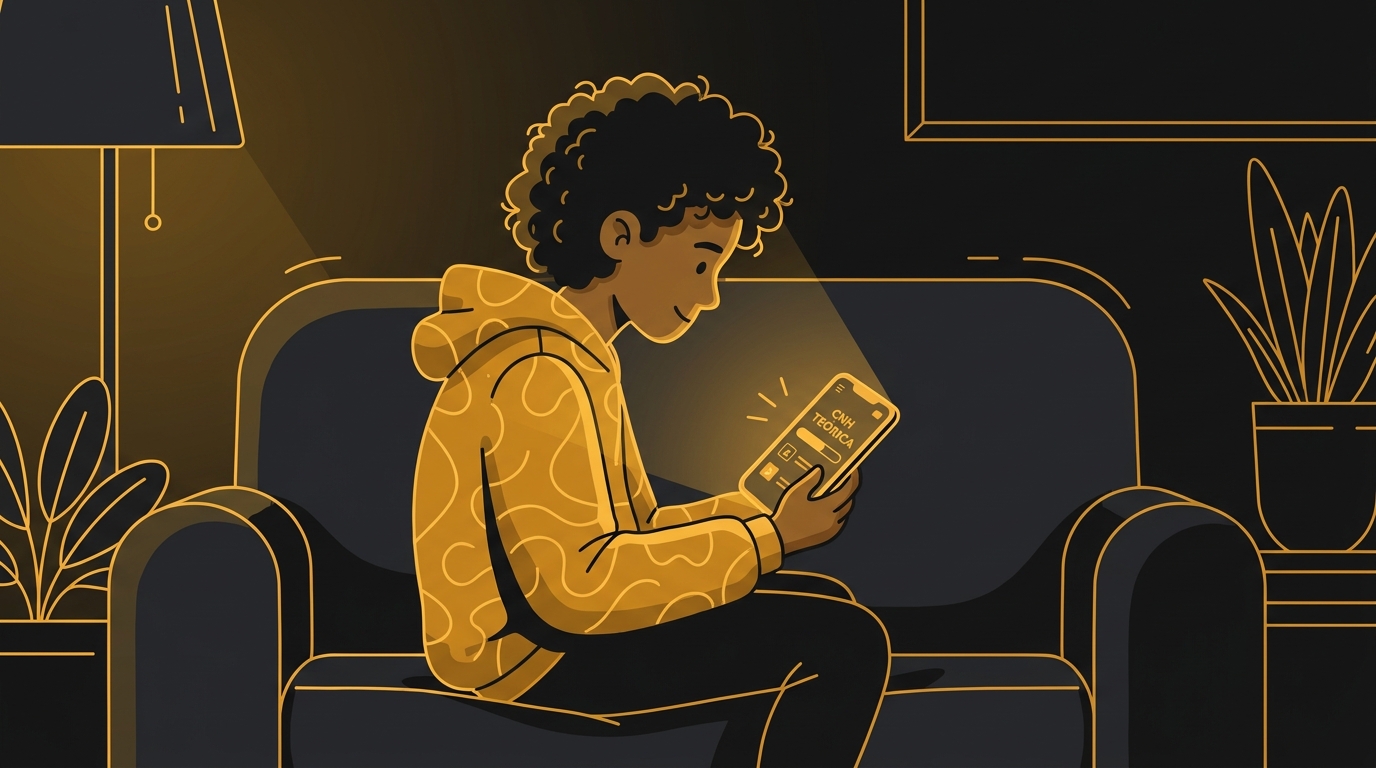 Jovem brasileiro estudando para a CNH em casa, usando o aplicativo oficial do curso teórico no celular.