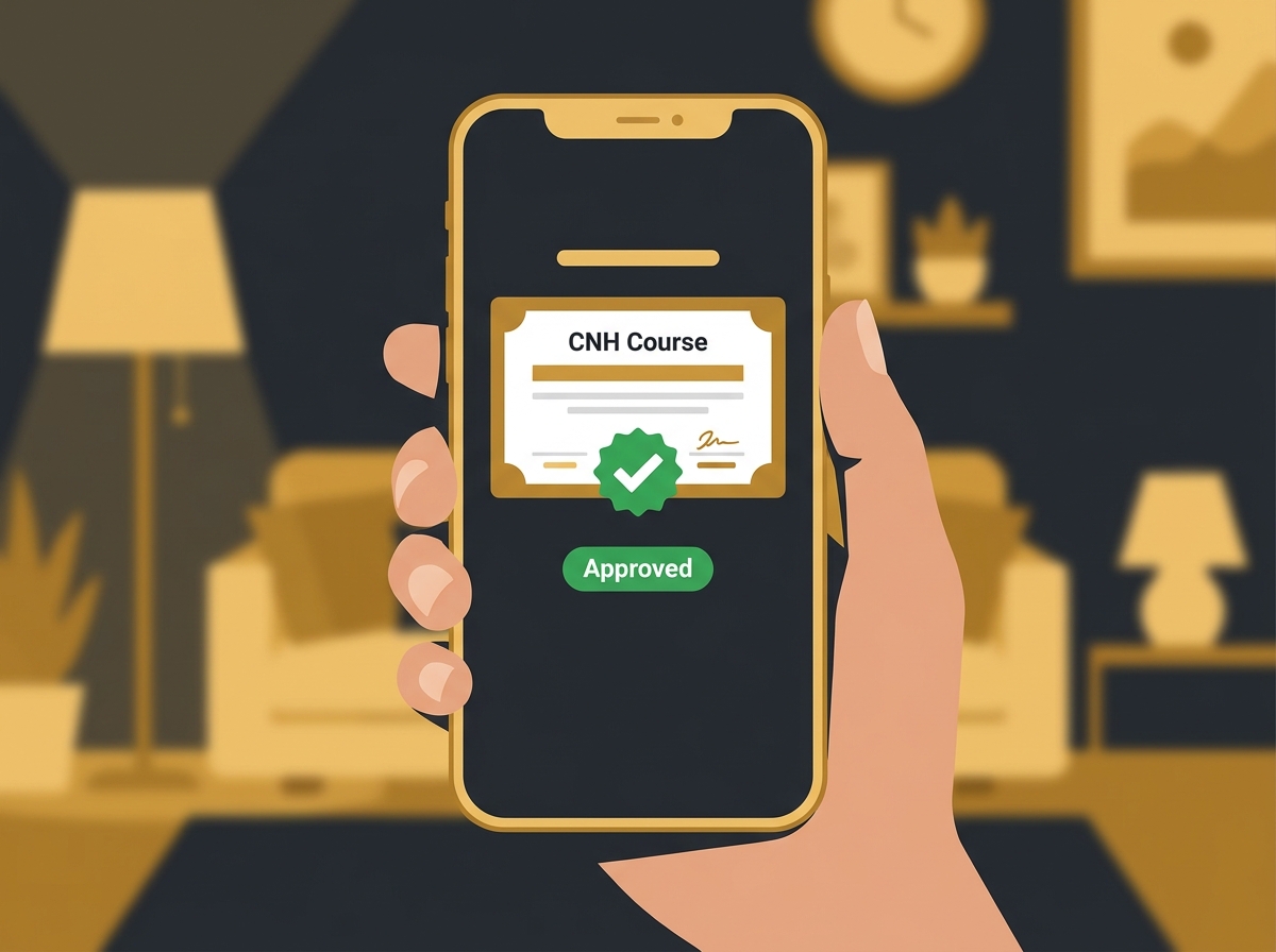 Tela de celular exibindo o certificado de conclusão digital do curso teórico da CNH com selo de aprovação.