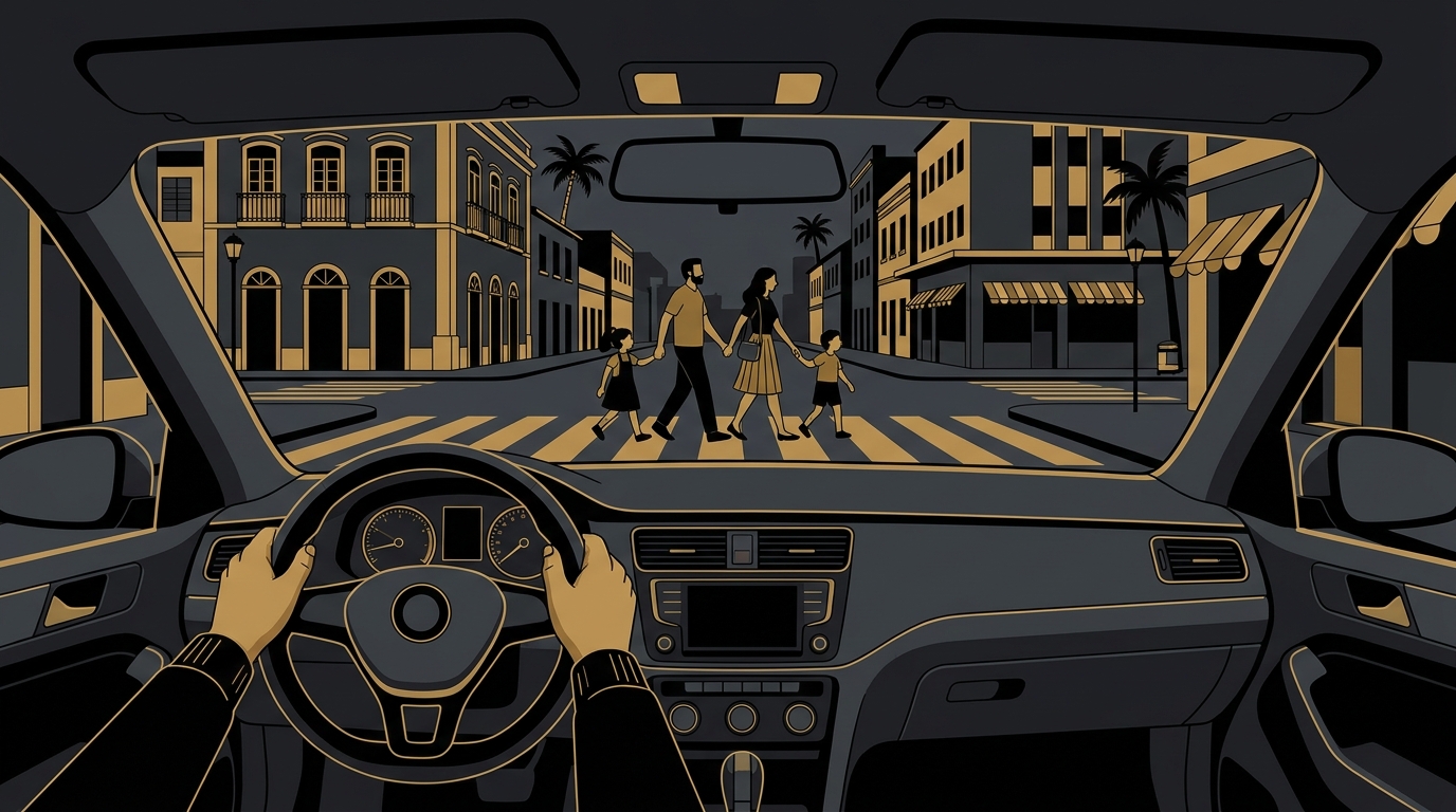 Ilustração do interior de um carro, mostrando um motorista parado para uma família atravessar na faixa de pedestres.