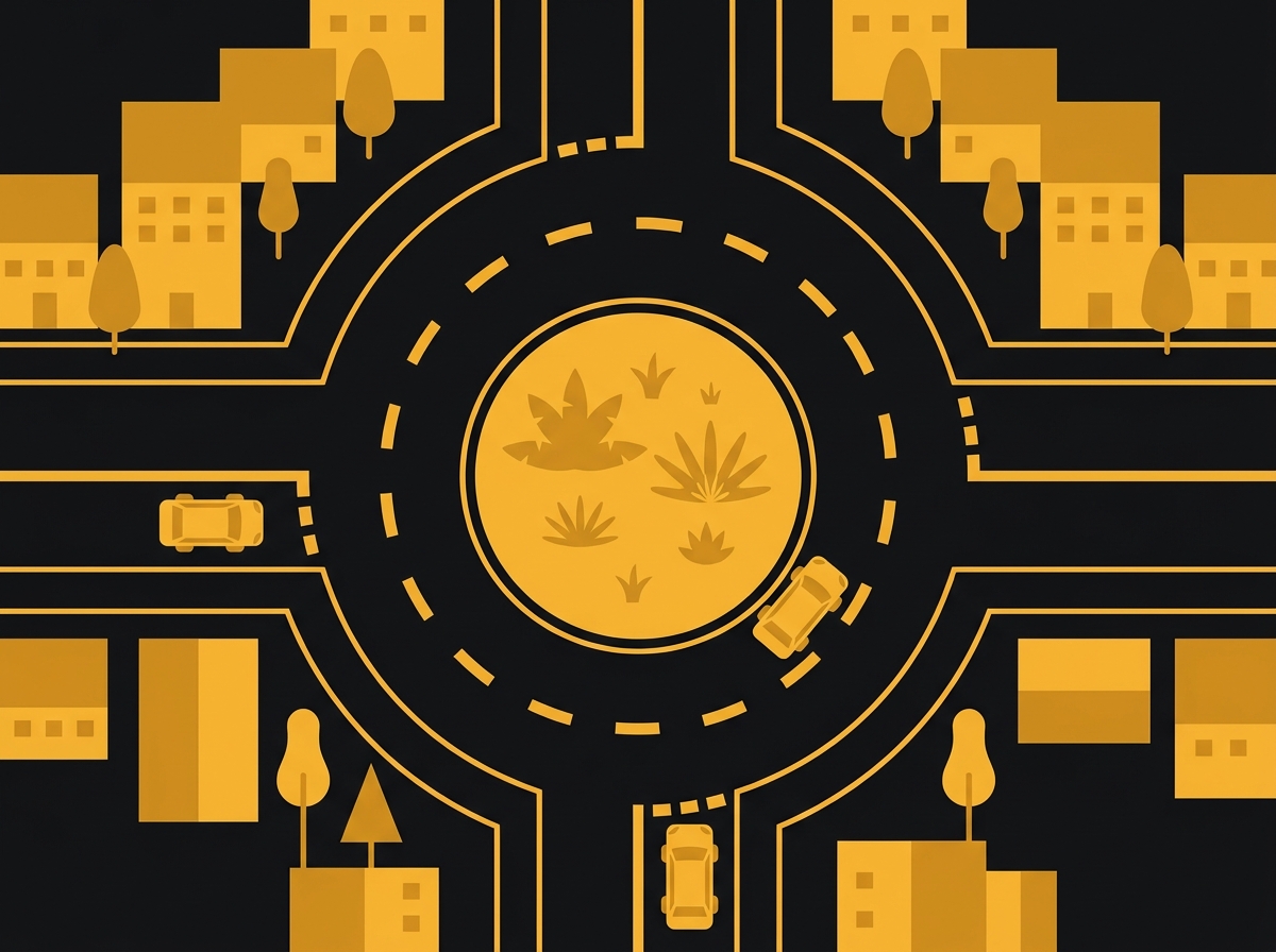 Ilustração de uma rotatória, onde um carro espera para entrar enquanto outro, que já está nela, passa com a preferência.