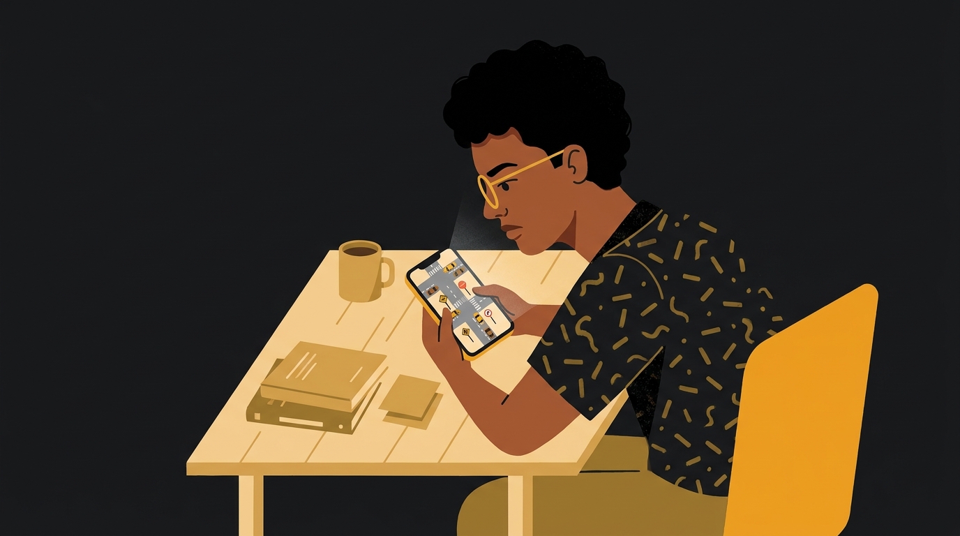 Jovem brasileiro estudando para a prova teórica da CNH em um celular, com um aplicativo de simulado de trânsito.