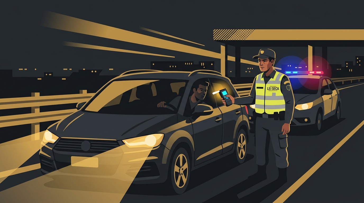 Ilustração de uma blitz da lei seca à noite, com um policial de trânsito oferecendo um bafômetro a um motorista dentro de um carro.