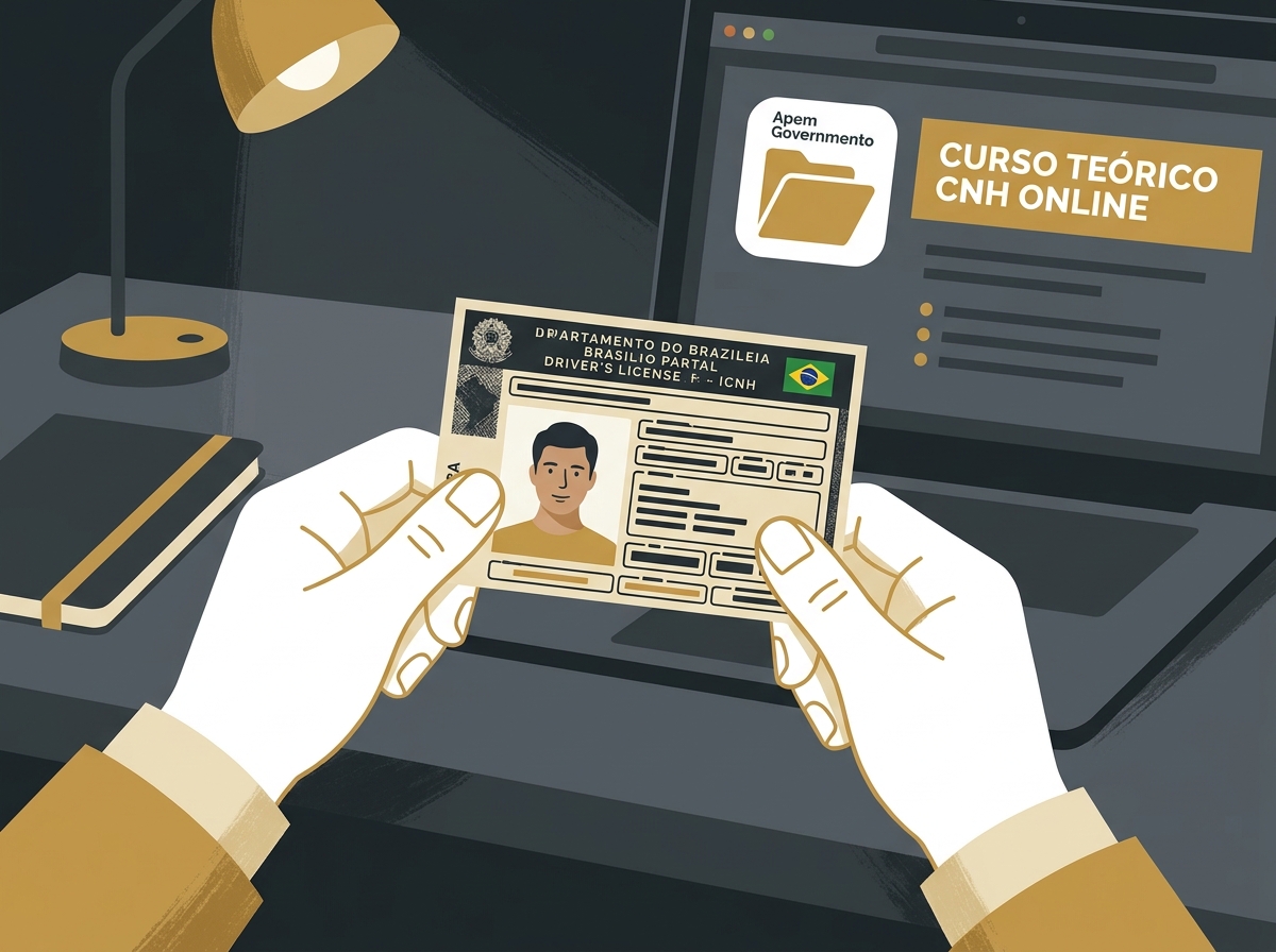 Mãos segurando uma CNH nova com um computador ao fundo mostrando o aplicativo do curso teórico online do governo.