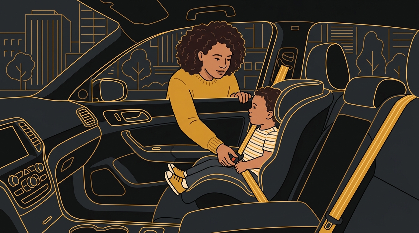 Mãe brasileira colocando seu filho pequeno na cadeirinha de segurança no banco de trás de um carro.