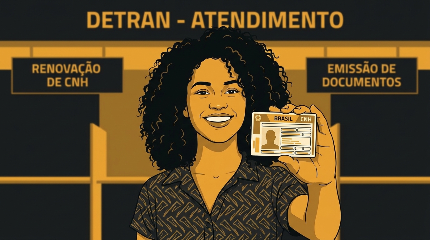 Jovem brasileira sorrindo ao mostrar sua nova Carteira Nacional de Habilitação (CNH) dentro de um posto do Detran.