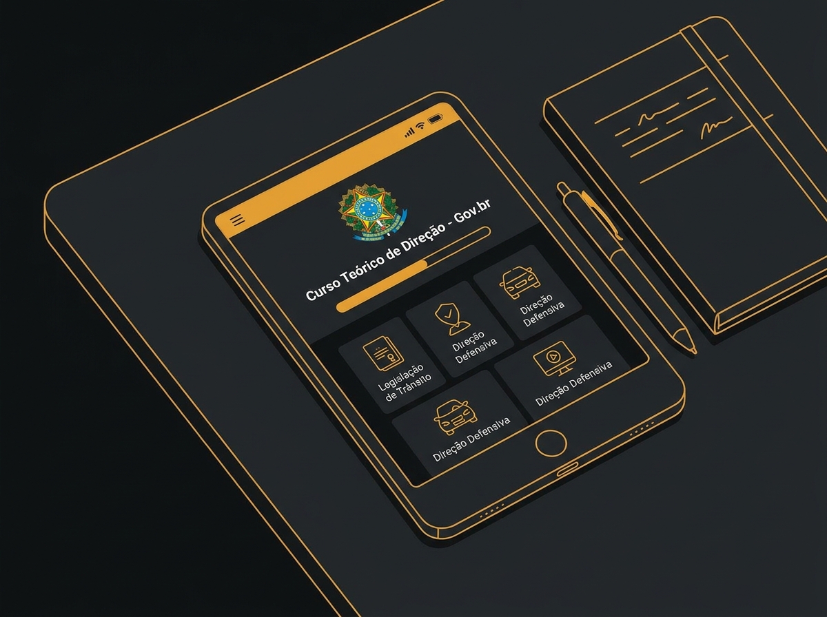 Tablet exibindo aplicativo do curso teórico da CNH ao lado de um caderno, simbolizando o estudo online e gratuito.