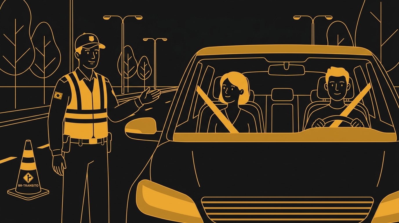 Ilustração de um agente de trânsito observando motorista e passageiro usando cinto de segurança corretamente.
