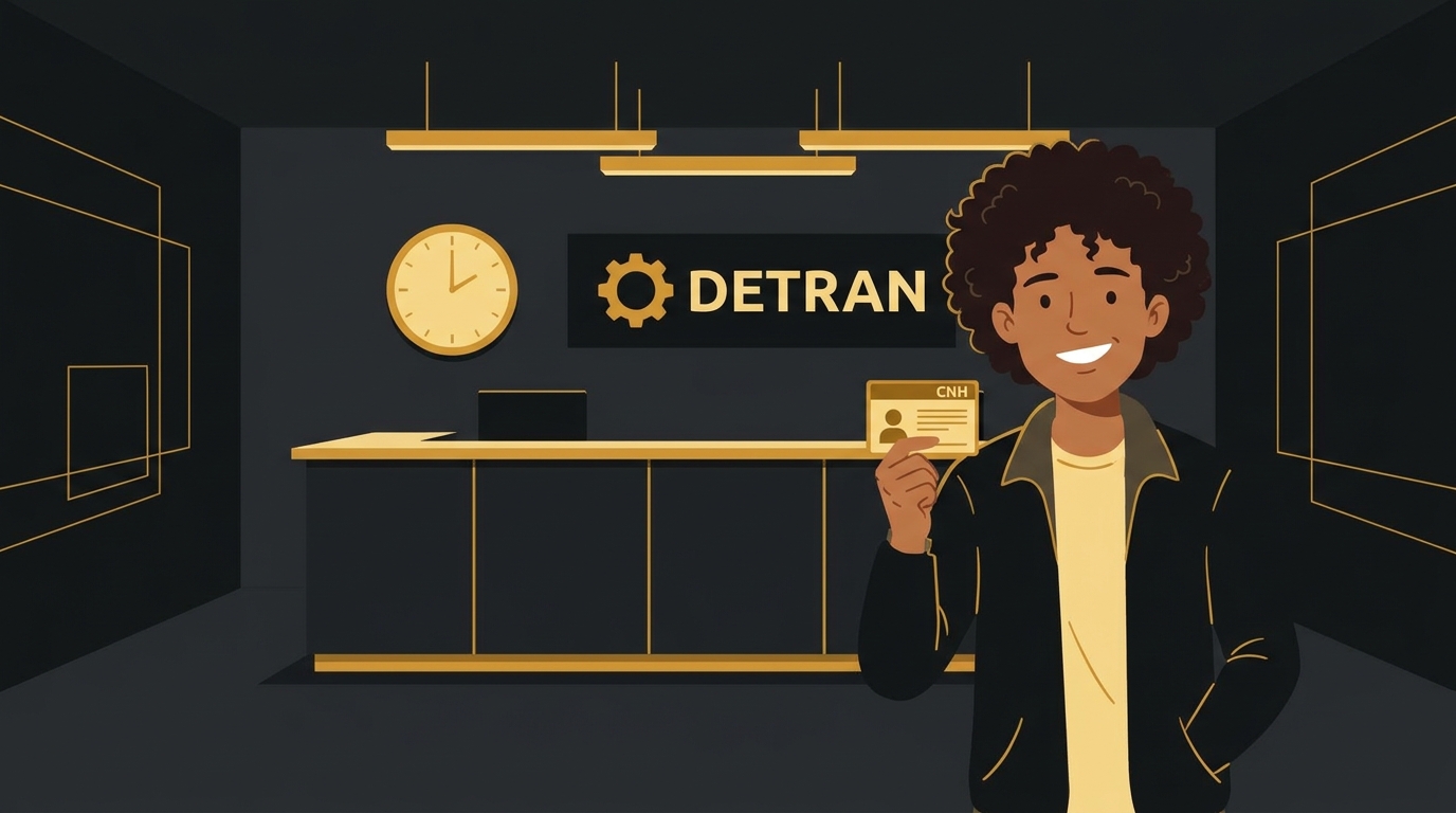 Jovem sorrindo ao receber a CNH definitiva em um balcão de atendimento do Detran, simbolizando a conquista.