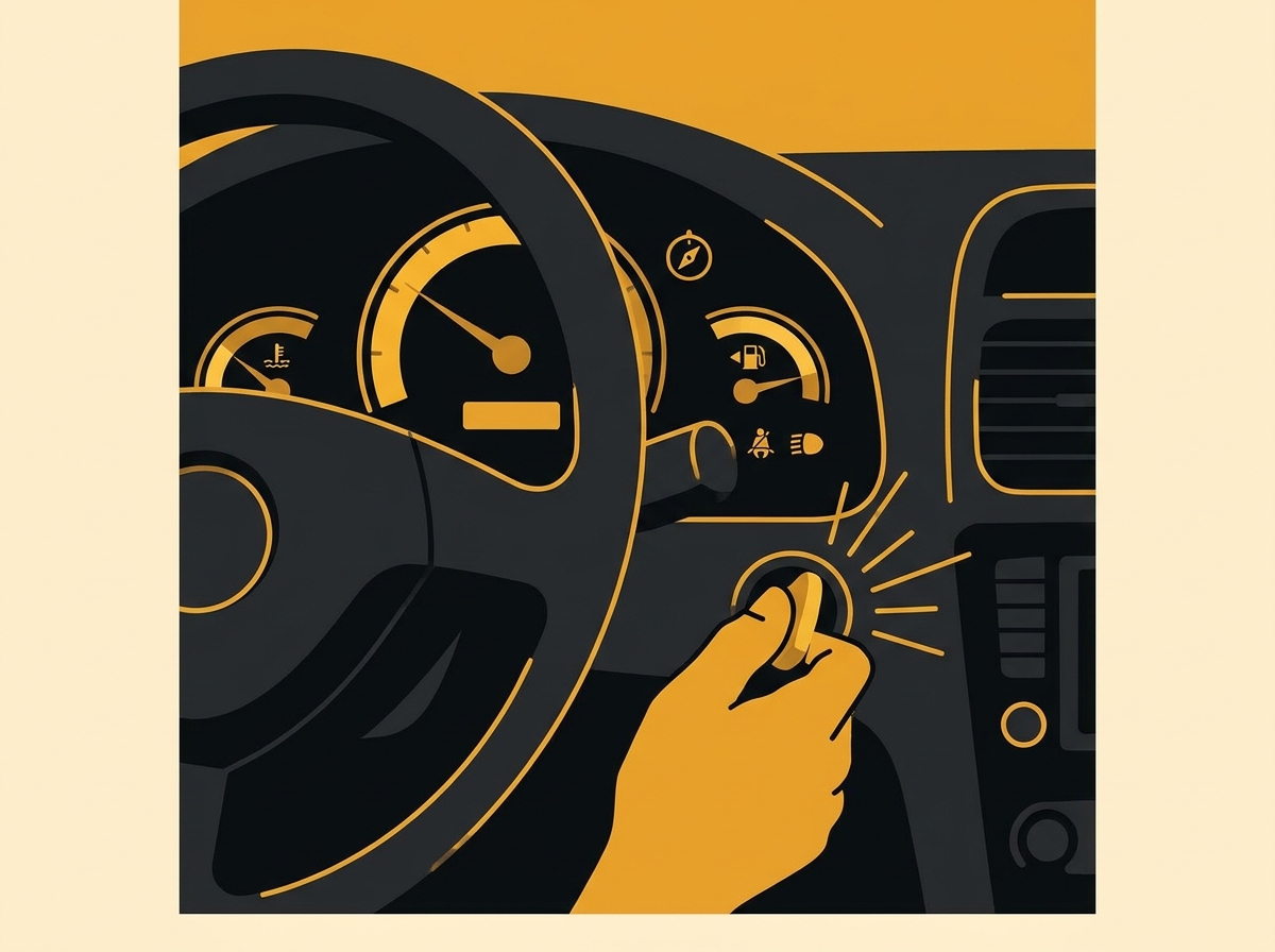 Mão de um motorista girando a chave na ignição de um carro, com o painel de instrumentos aceso ao fundo.