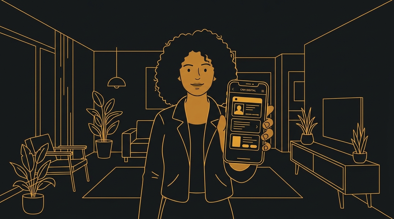 Jovem segura um celular que exibe a tela do aplicativo da CNH Digital com foto e dados do motorista.