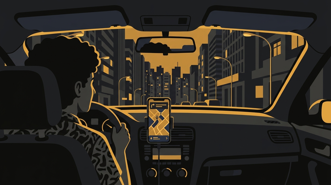 Motorista de aplicativo olhando o celular com mapa no painel do carro, com a cidade de São Paulo ao fundo ao entardecer.