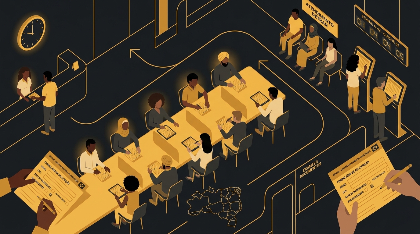 Ilustração de pessoas de várias nacionalidades preenchendo formulários em um balcão do Detran no Brasil.