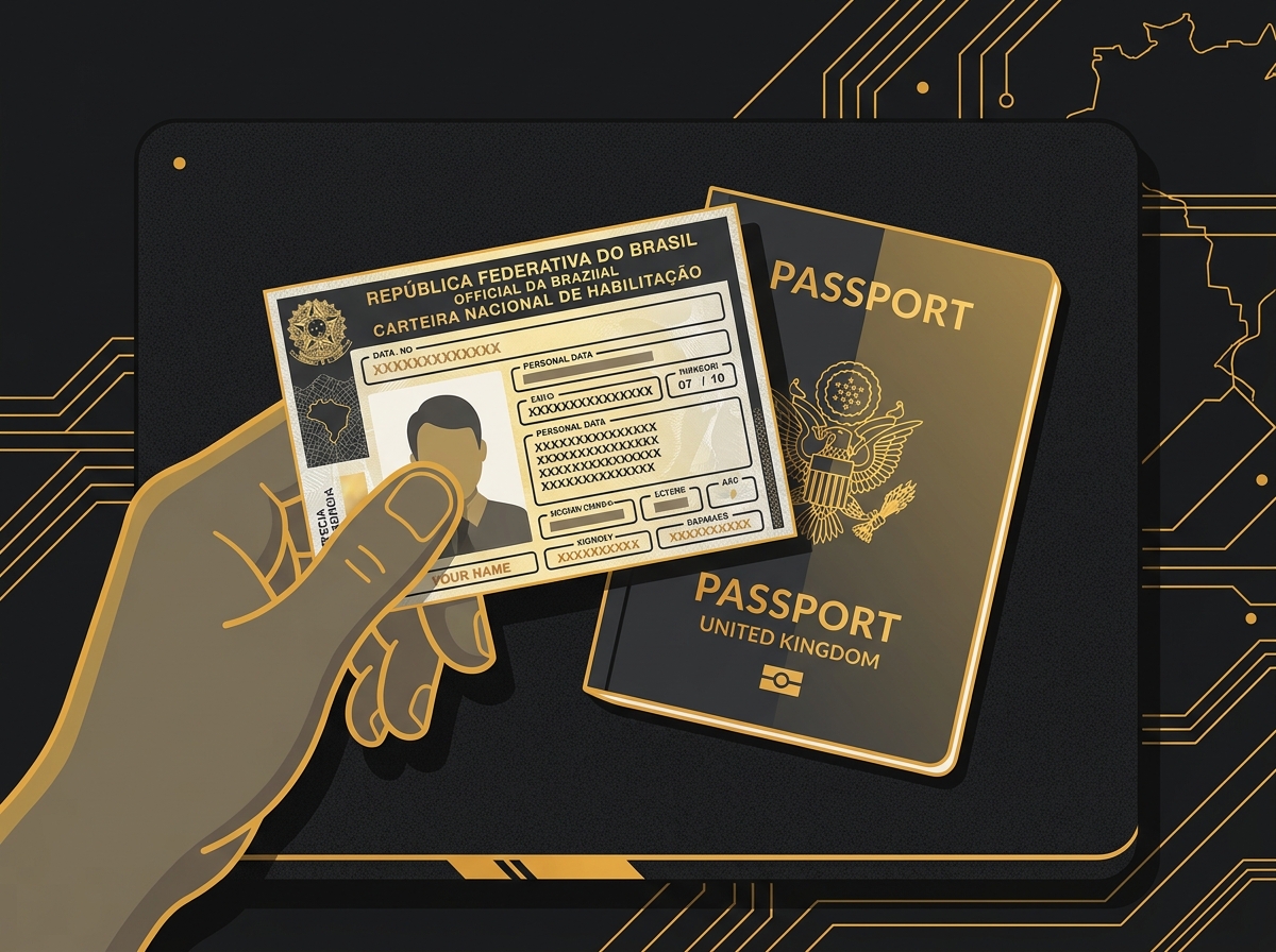 Ilustração de uma mão segurando uma CNH brasileira ao lado de um passaporte estrangeiro sobre uma mesa.