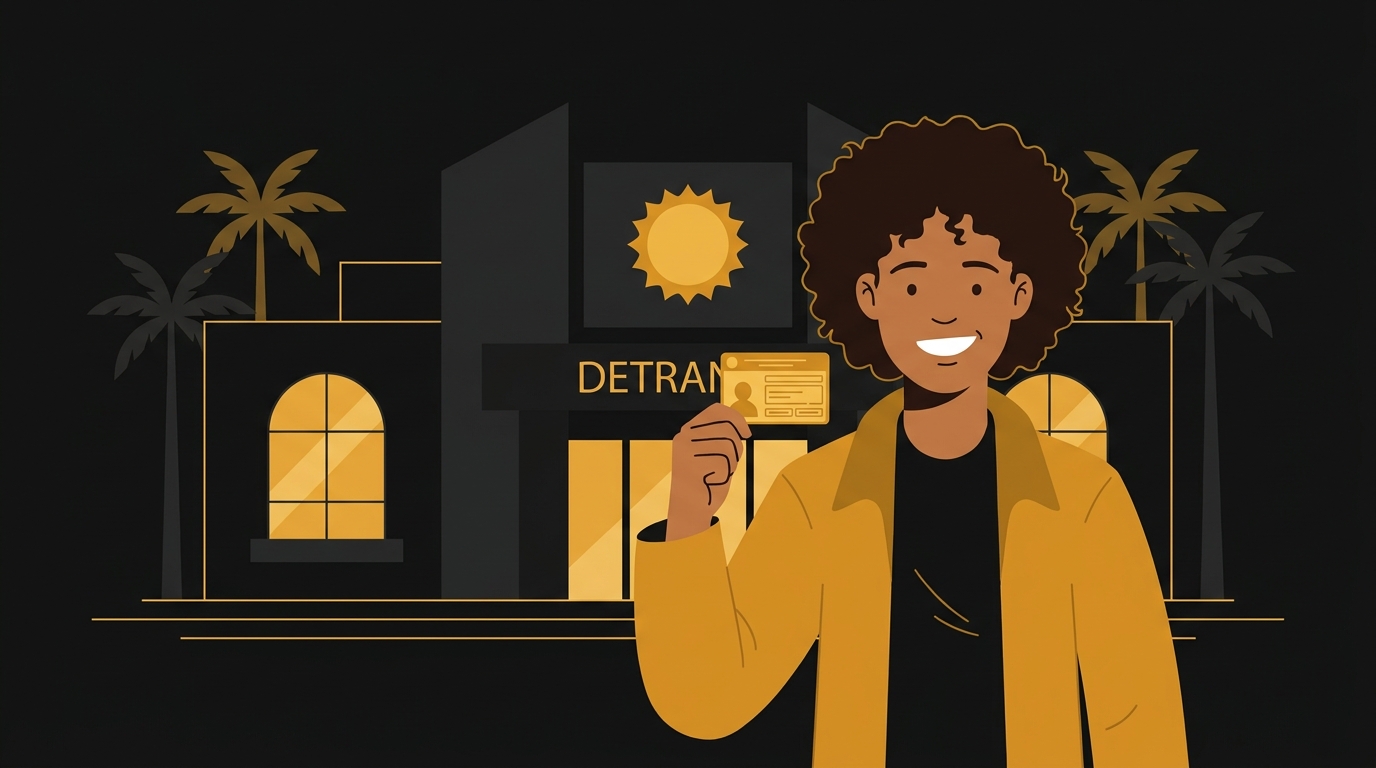 Ilustração de uma pessoa jovem segurando a CNH nova com orgulho em frente a uma unidade do Detran-SP.
