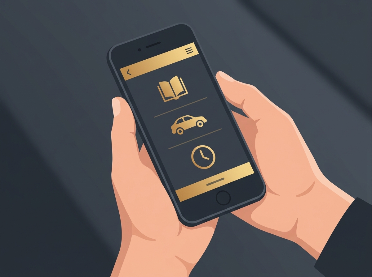 Ilustração mostrando mãos usando um celular com o aplicativo do curso teórico da CNH na tela.