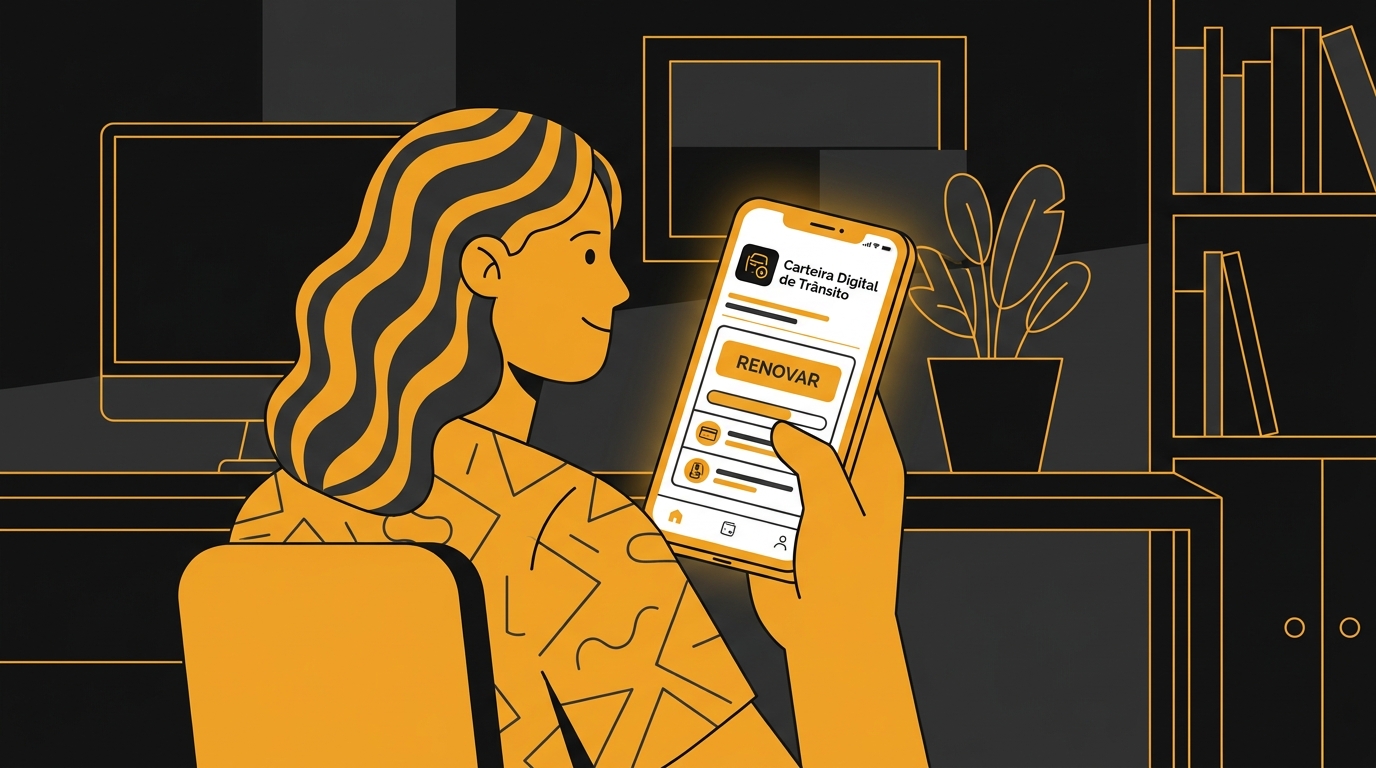 Jovem brasileiro usando o celular para renovar a CNH pelo aplicativo da Carteira Digital de Trânsito em casa.