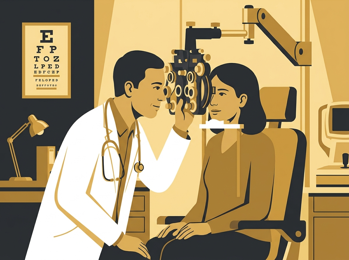 Médico realizando exame de vista em um paciente para a renovação da Carteira Nacional de Habilitação.