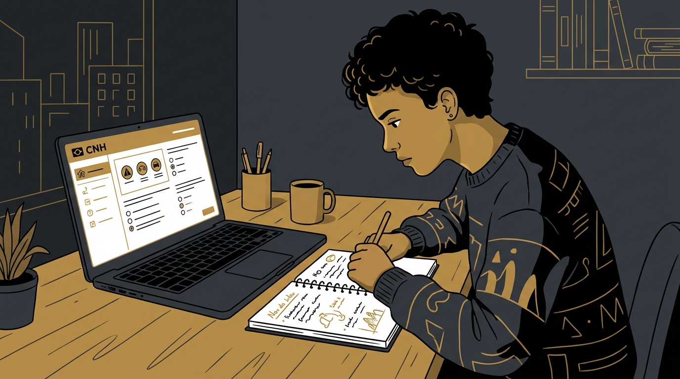 Jovem concentrado estudando para a prova teórica da CNH em um notebook sobre uma mesa organizada.