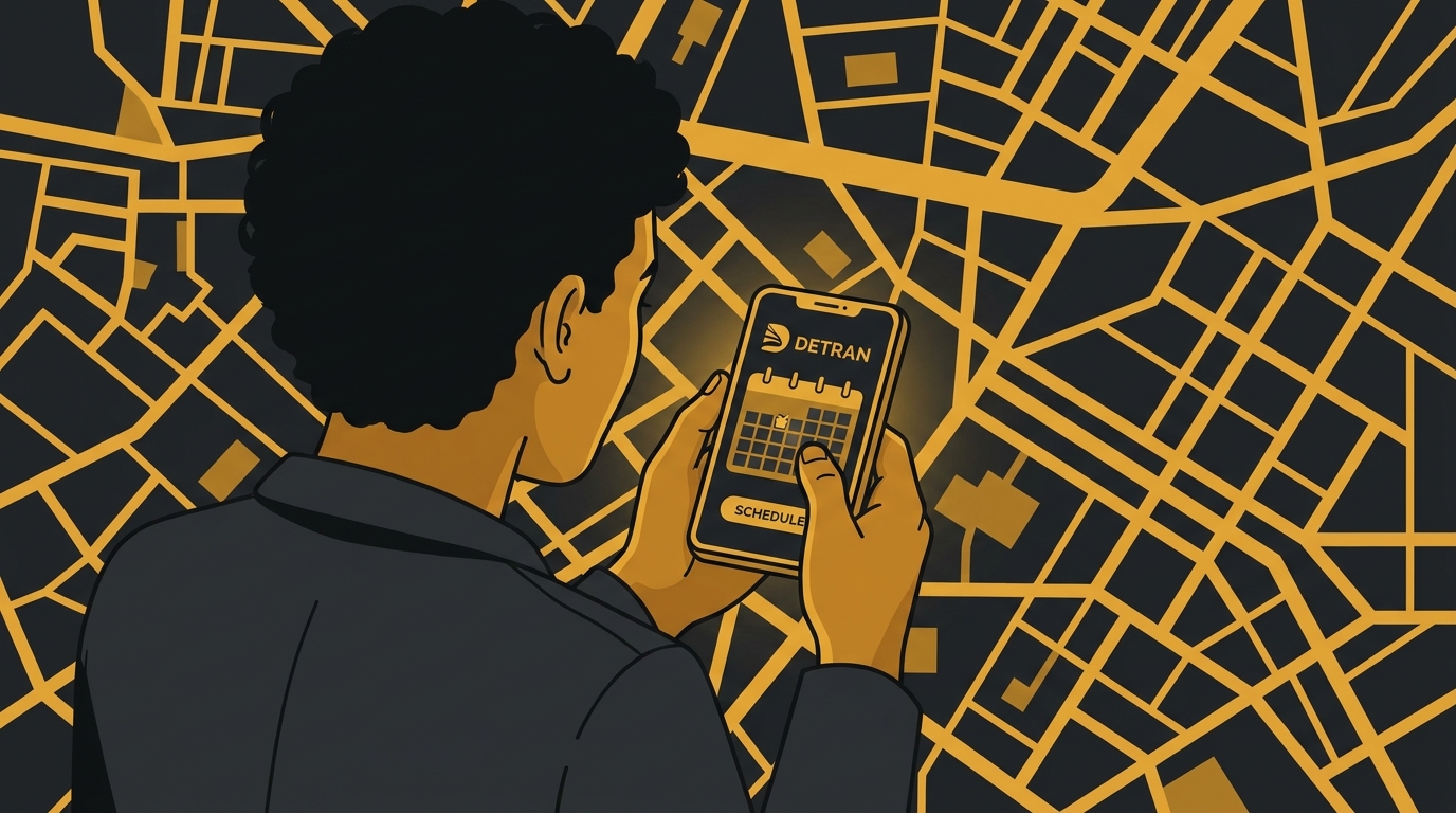 Jovem agendando a prova teórica do Detran em um celular com um mapa da cidade ao fundo.