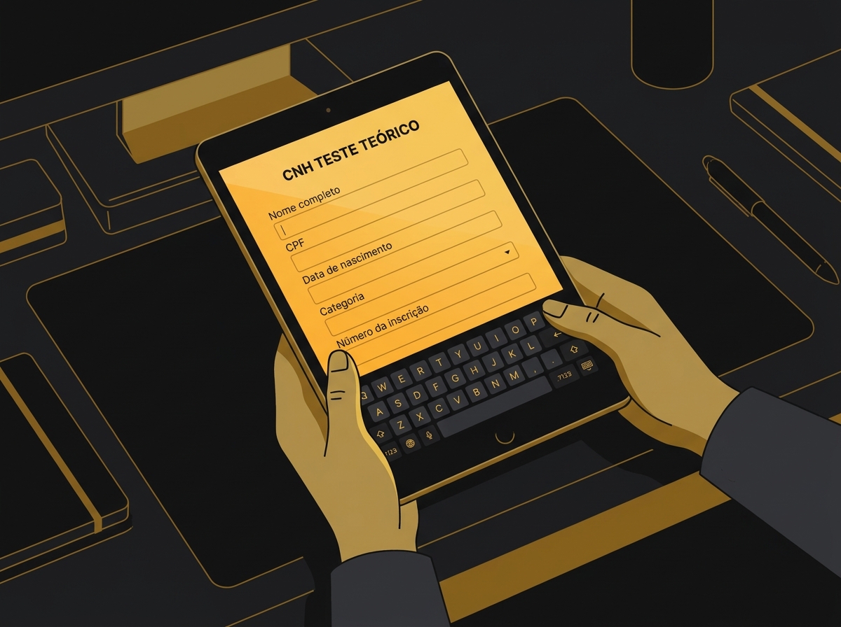Mãos de uma pessoa preenchendo um formulário digital em um tablet para a prova da CNH.