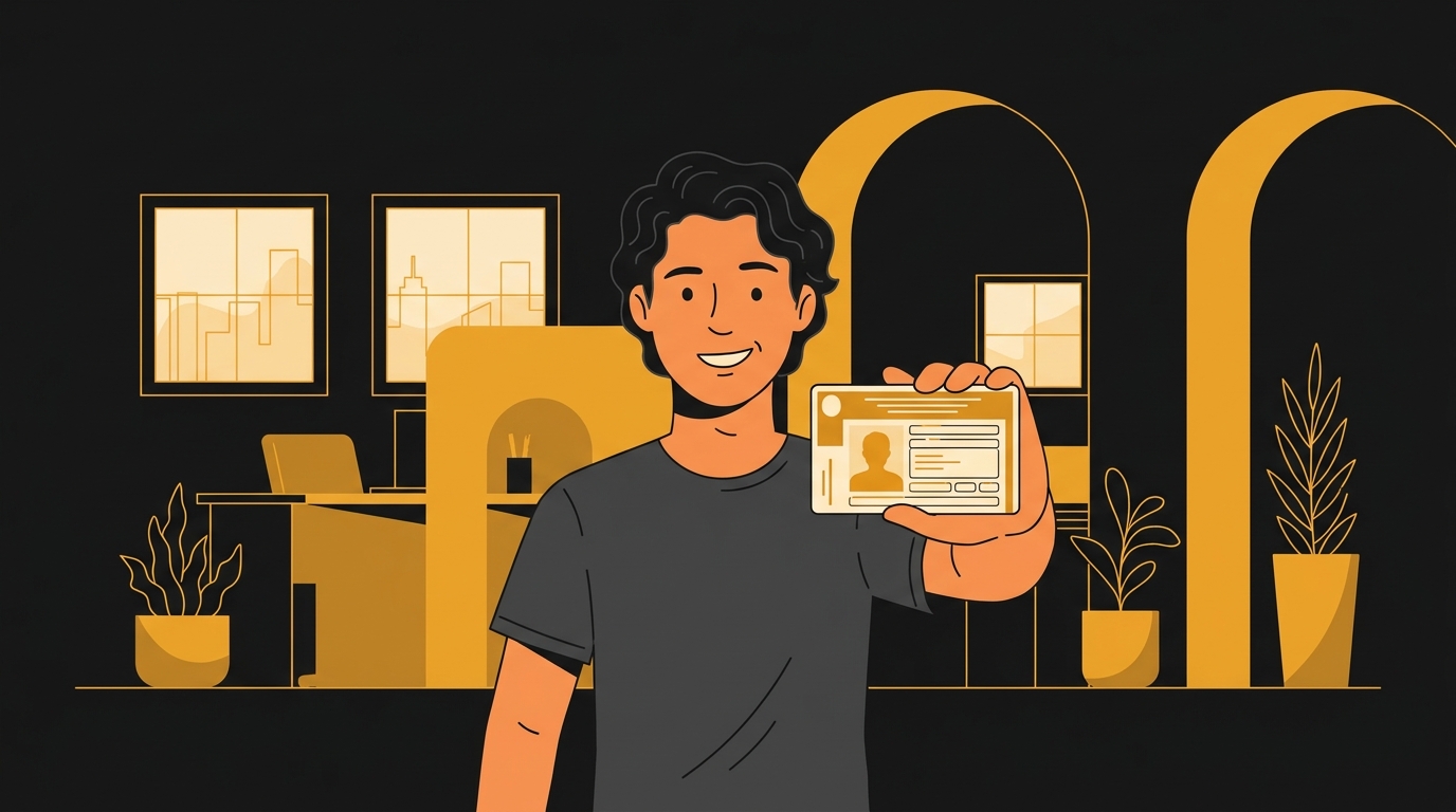 Ilustração de uma pessoa jovem e feliz exibindo sua nova carteira de motorista em um posto do Detran.