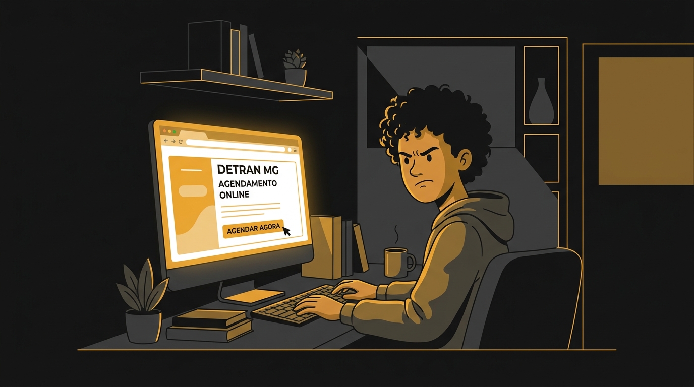 Jovem brasileiro agendando serviço no site do Detran MG em um computador, com expressão focada.