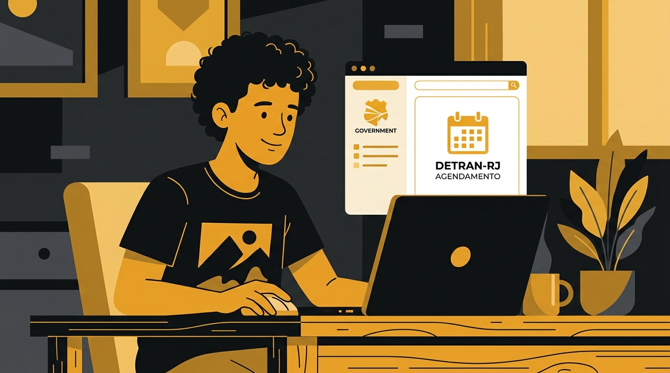 Ilustração de uma pessoa jovem agendando um serviço da CNH no site do Detran-RJ usando um notebook.