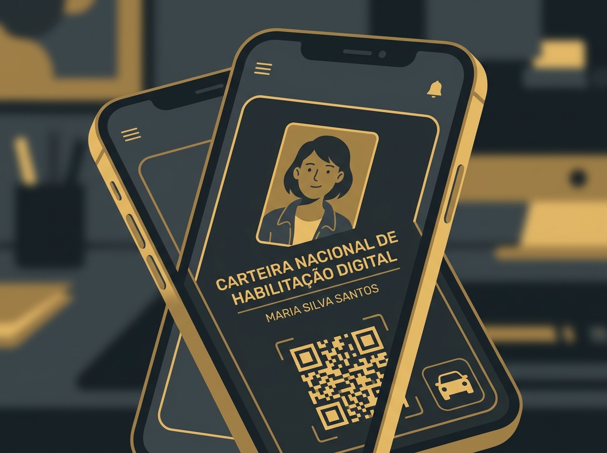 Ilustração de um celular mostrando a tela do aplicativo da Carteira Digital de Trânsito (CDT).
