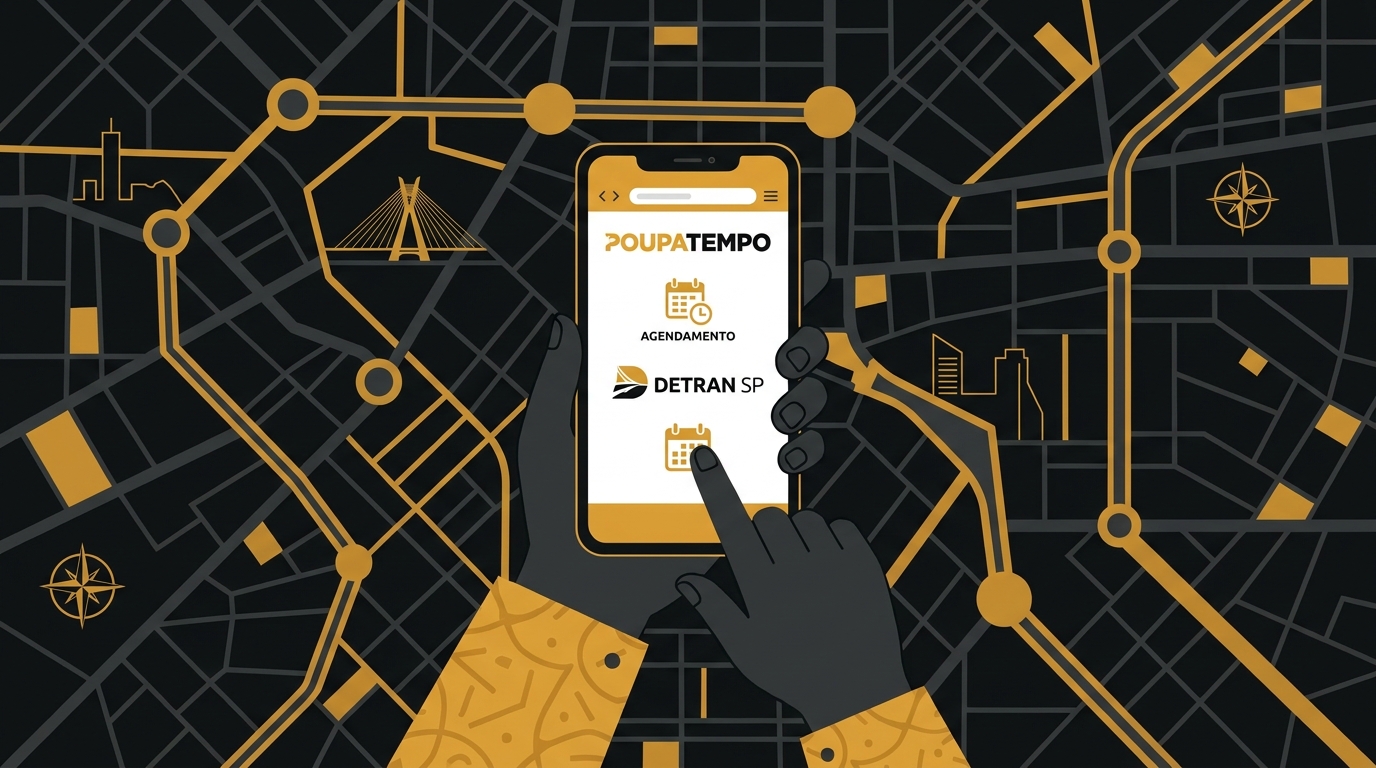 Ilustração de uma pessoa agendando um serviço do Detran SP em um celular, com o logo do Poupatempo na tela.