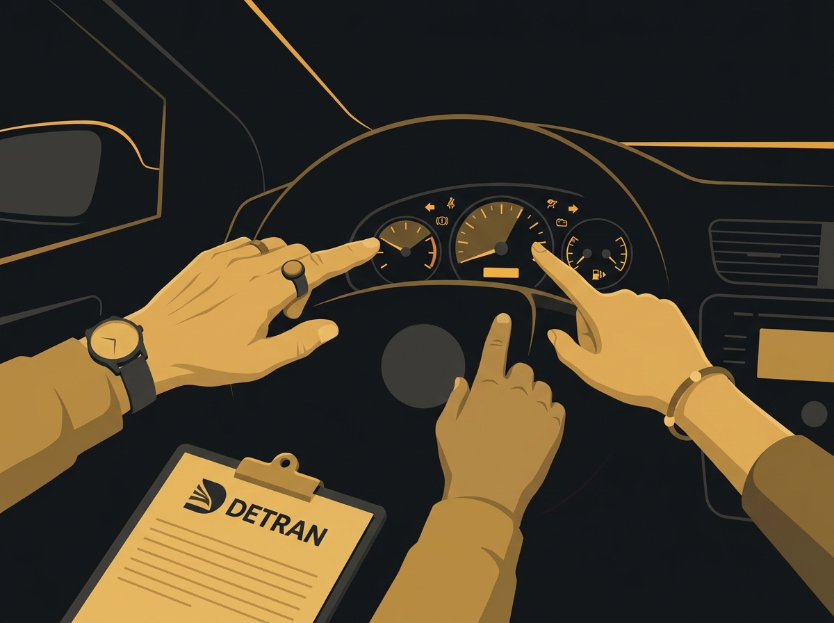 Ilustração mostrando as mãos de um instrutor e de um aluno dentro de um carro de autoescola durante uma aula prática.