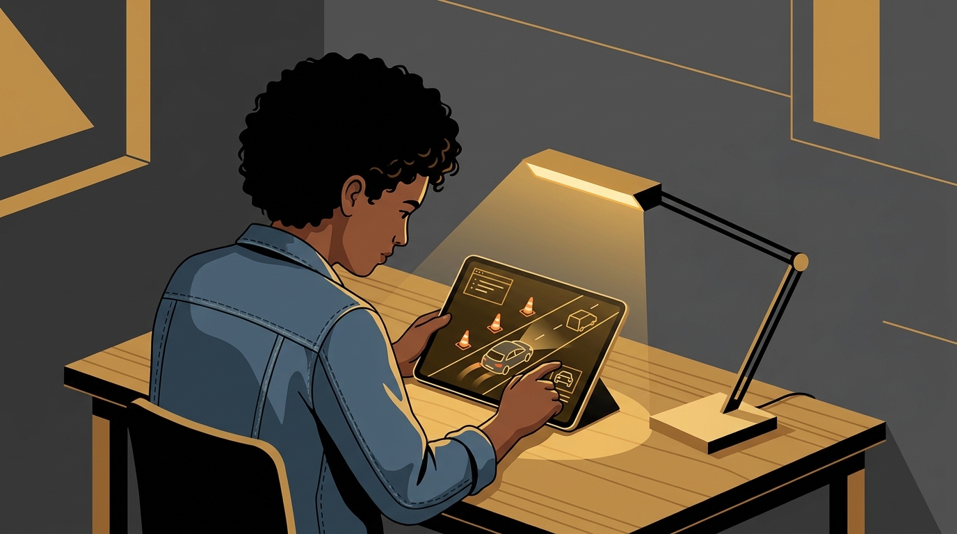 Ilustração de um jovem estudante brasileiro concentrado em um tablet, estudando para a prova de direção defensiva.