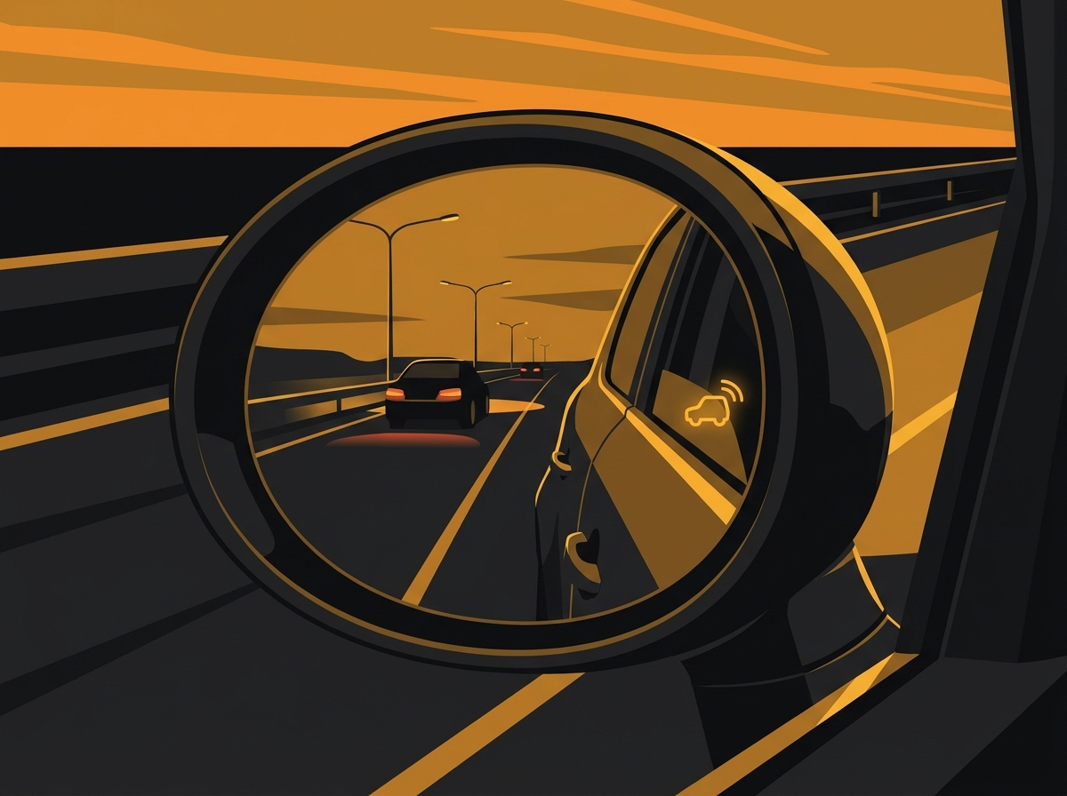 Ilustração do espelho retrovisor de um carro mostrando outro veículo no ponto cego em uma estrada ao entardecer.