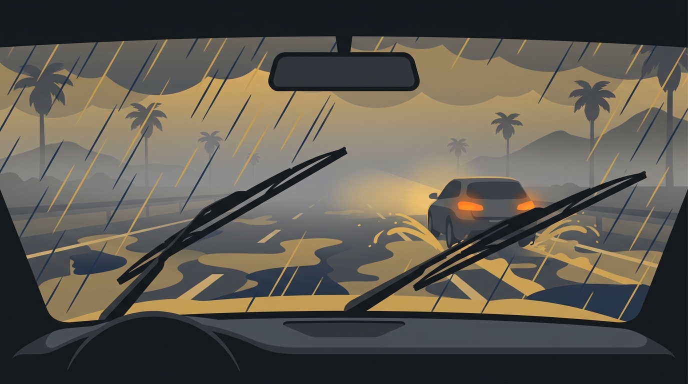 Carro trafegando em rodovia brasileira com chuva forte e neblina, visto de dentro de outro veículo com limpadores ligados.