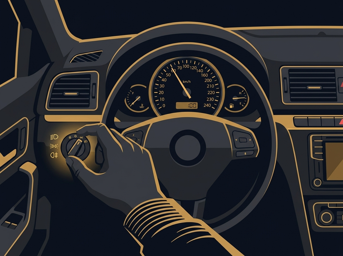 Painel de um carro com velocímetro marcando baixa velocidade e mão do motorista acionando os faróis.