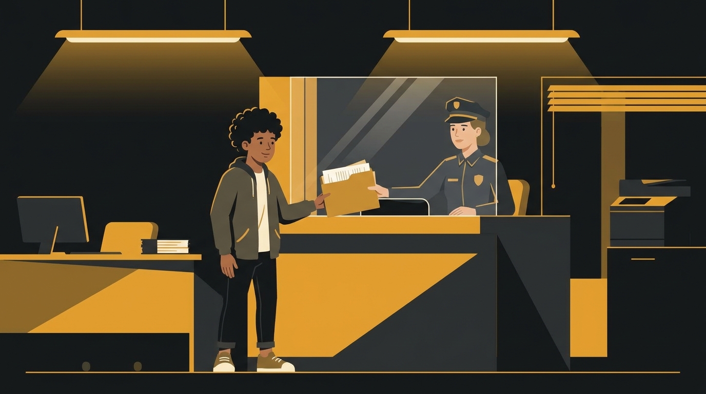 Jovem entregando pasta de documentos para tirar CNH a um atendente no balcão do Detran.