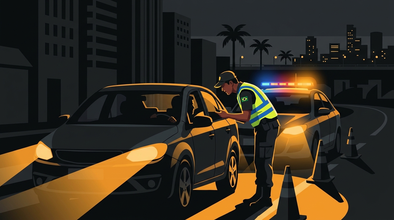 Policial de trânsito em uma blitz da Lei Seca à noite conversando com um motorista dentro do carro.