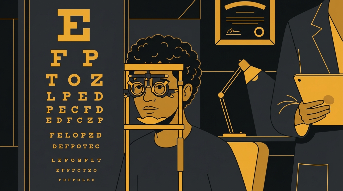 Ilustração de um jovem fazendo o teste de visão com o quadro de letras no exame médico para a CNH.