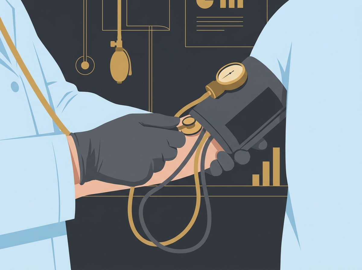 Ilustração de um médico medindo a pressão arterial de um paciente durante o exame para a carteira de motorista.