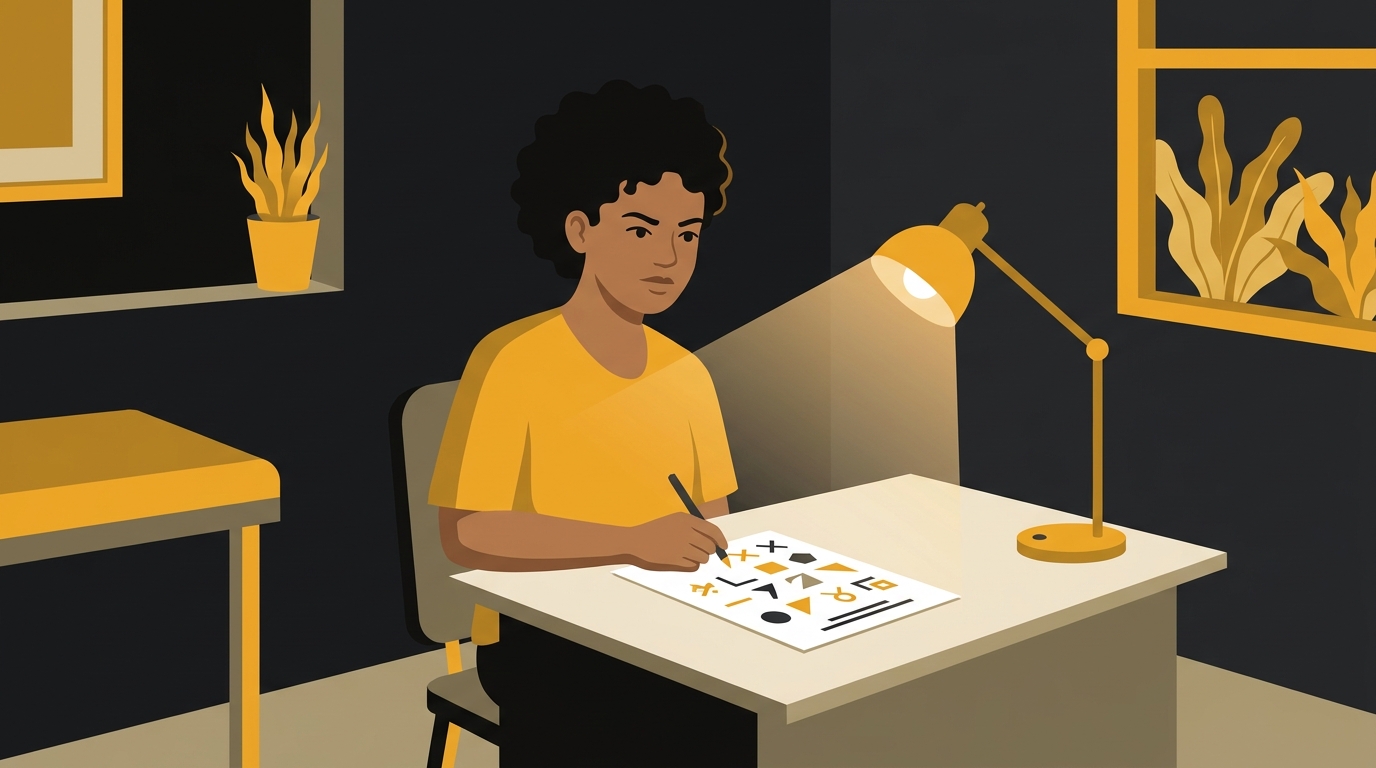 Jovem fazendo o exame psicotécnico da CNH em uma sala clara, concentrado em um teste de papel com formas geométricas.
