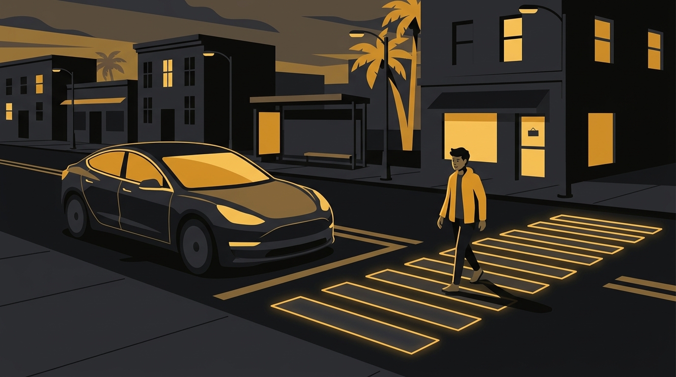 Ilustração de um carro parado antes da faixa de pedestres enquanto uma pessoa atravessa a rua com segurança em uma cidade.
