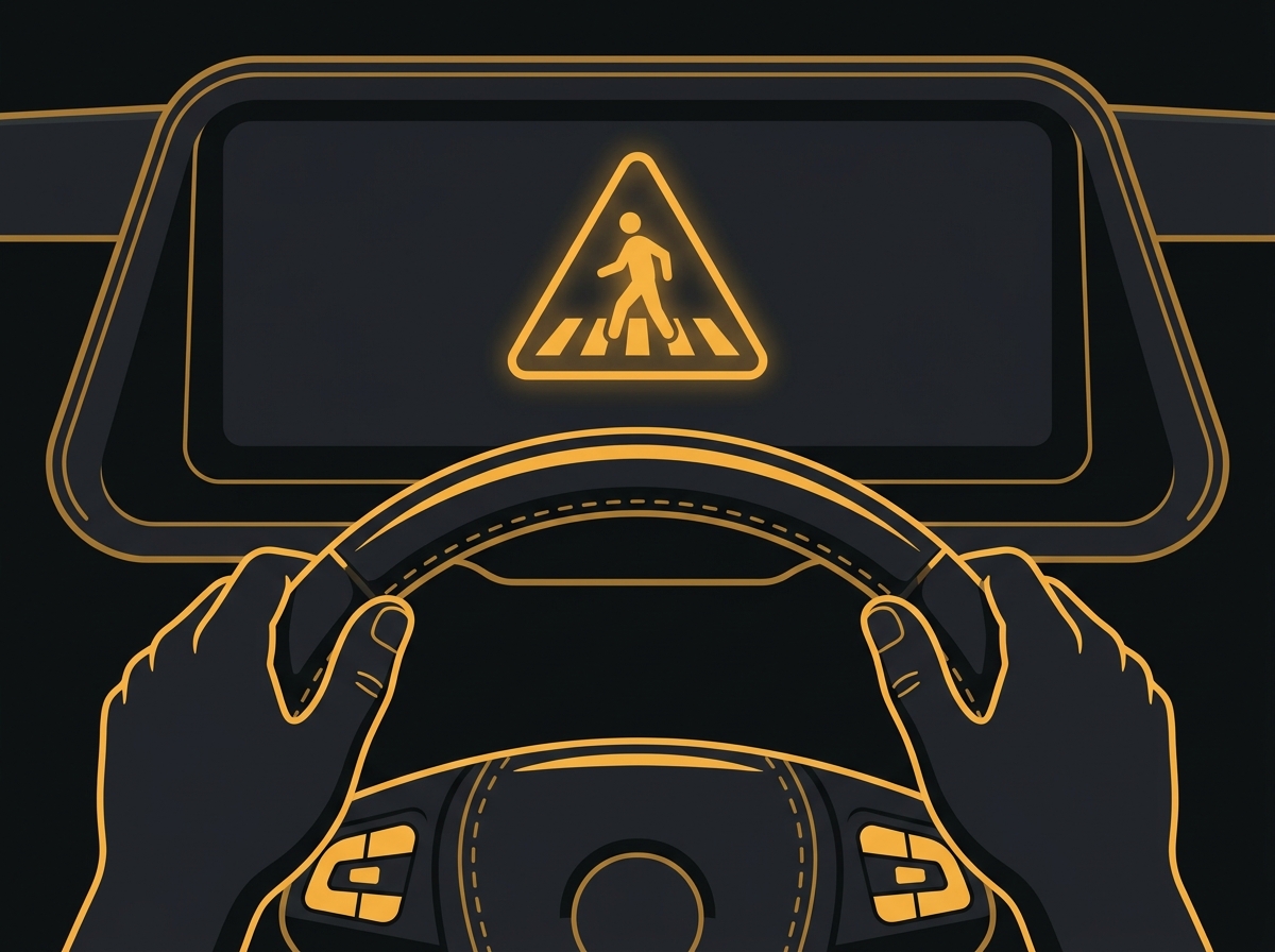Ilustração do painel de um carro moderno exibindo um alerta de travessia de pedestres à frente.