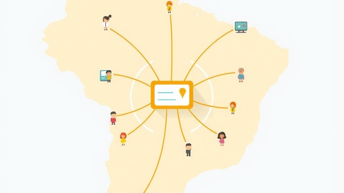Ilustração de do mapa do Brasil estilizado com linhas conectando pontos em vários estados a um repositório central de fichas de perguntas