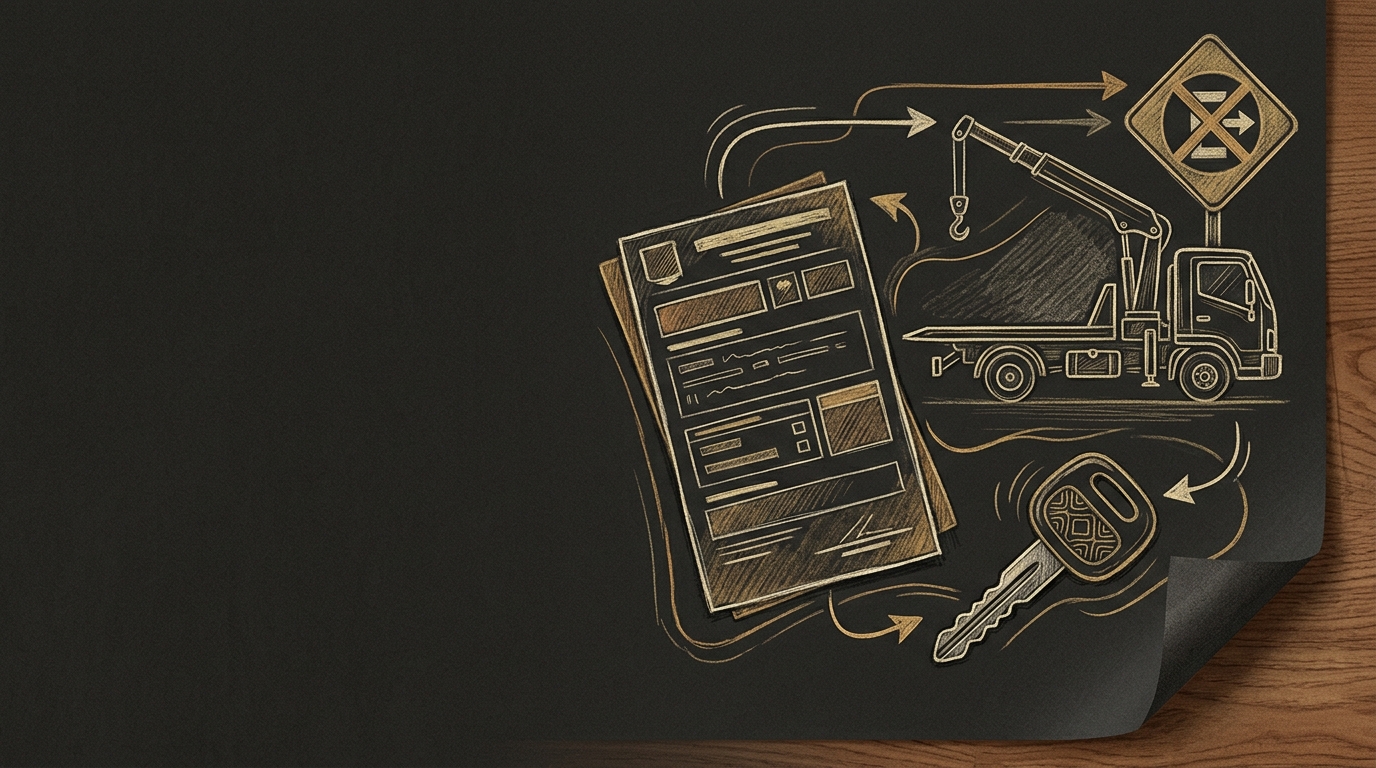 Ilustração editorial de documento de trânsito, guincho, chave e placa, representando penalidade e medida administrativa.