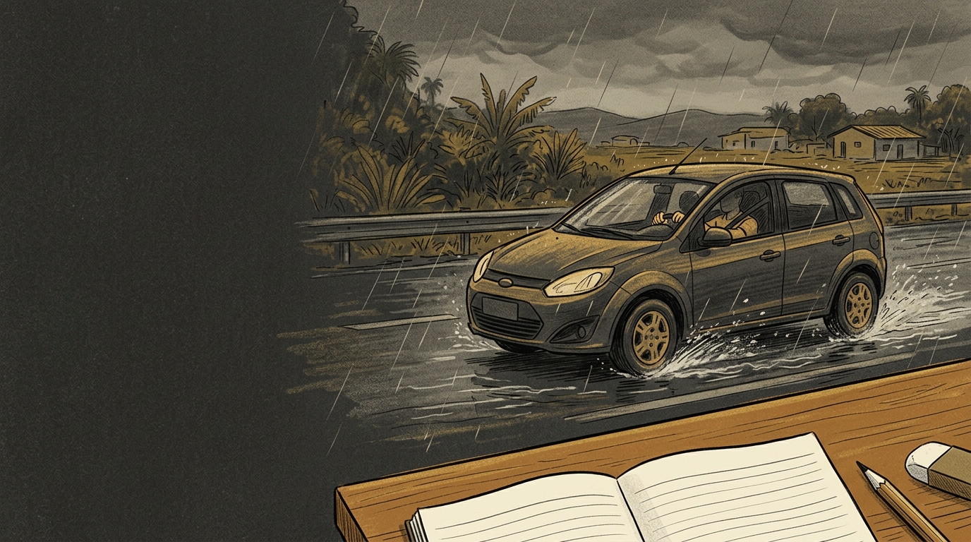 Ilustração editorial de carro genérico em pista molhada sob chuva, com água sob os pneus e condução segura.