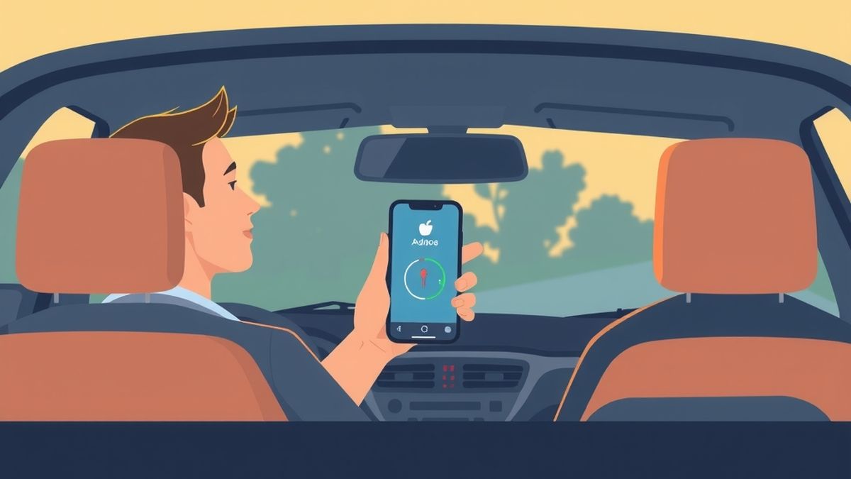 Ilustração de um motorista de aplicativo dentro do carro no fim de tarde, com o celular no suporte mostrando uma corrida e a habilitação apoiada no painel