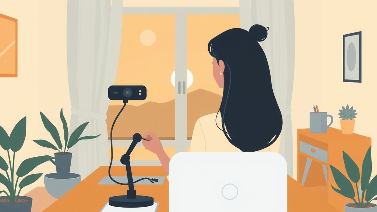 Ilustração de uma pessoa sentada à mesa de casa diante de um notebook com webcam ligada, ambiente organizado e luz de fim de tarde, sugerindo exame monitorado a distância
