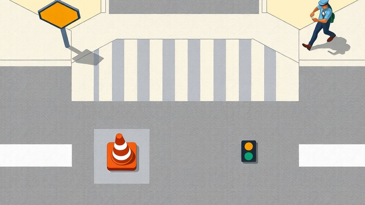 Ilustração de um cruzamento urbano visto de cima, com os seis tipos de sinalização convivendo na mesma cena: placa octogonal, faixa pintada no asfalto, cone e tachão, semáforo,.