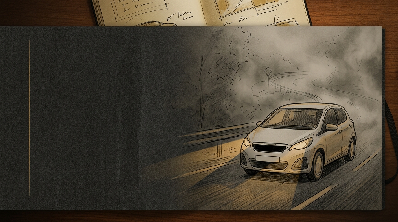 Ilustração editorial de carro genérico com farol baixo aceso em estrada com neblina.