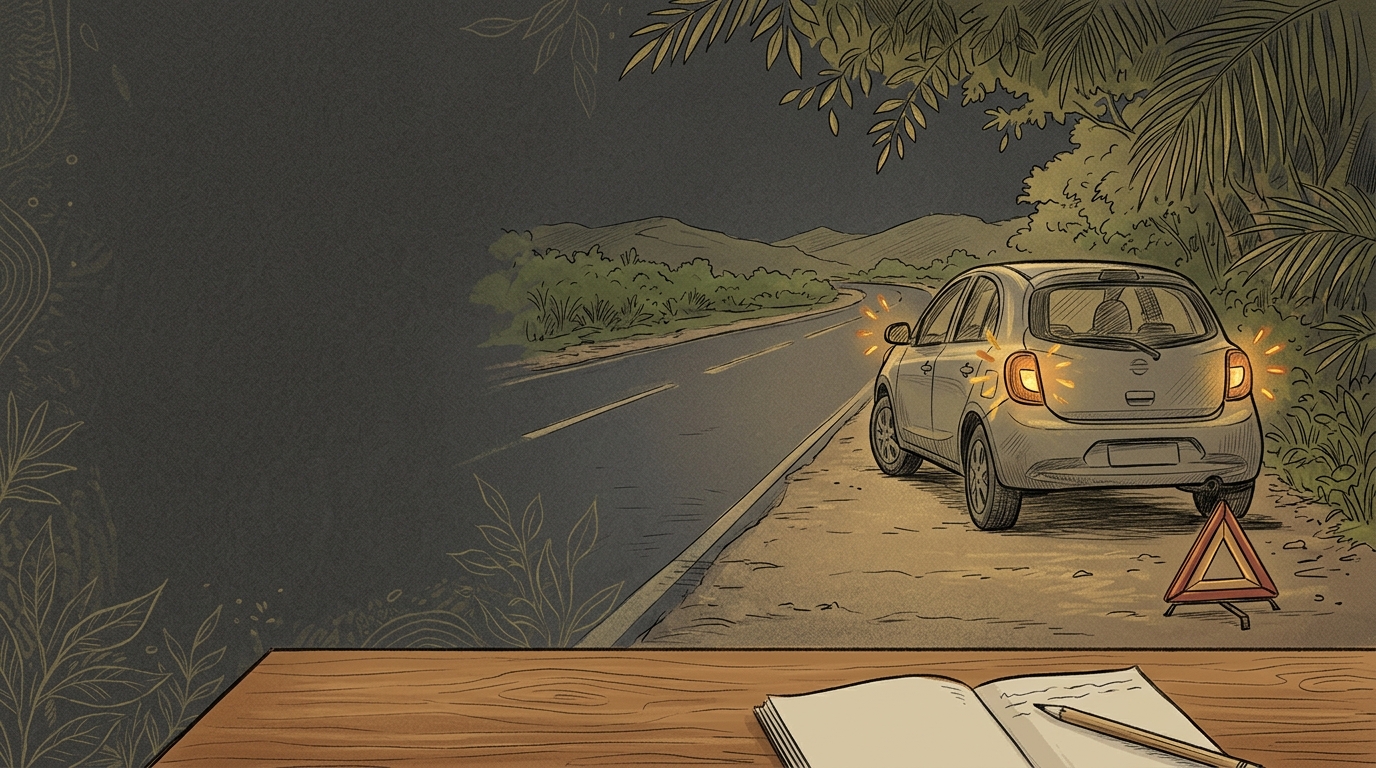 Ilustração editorial de carro parado no acostamento com pisca-alerta e triângulo de sinalização.